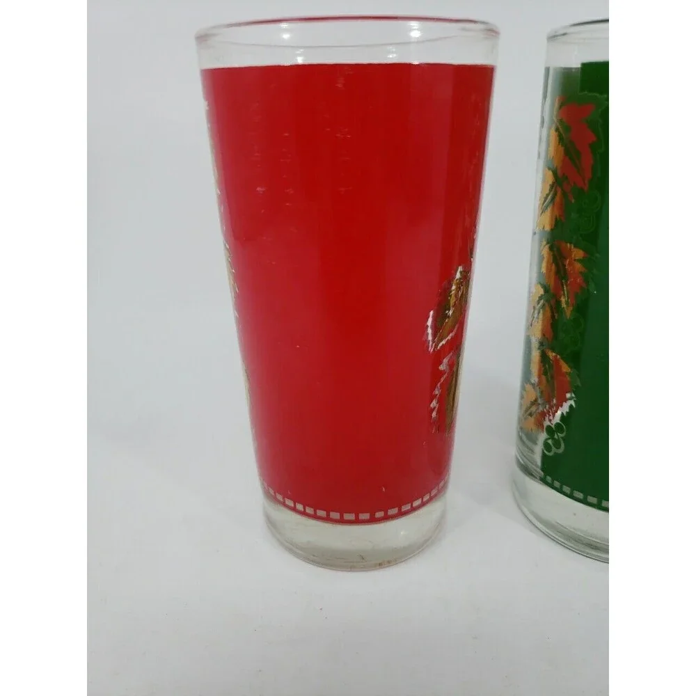 Vintage Libbey Grape Leaf Design Glasses Red Green Gold Christmas 12 oz MCM USA